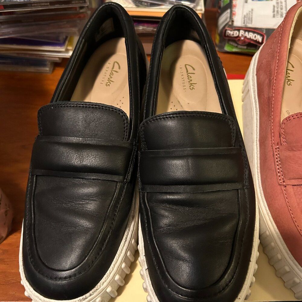 Clarks Mayhill Cove Loafer Platform Loafers Dusty Rose OR Black Leather Size 9.5 - Picture 2 of 12